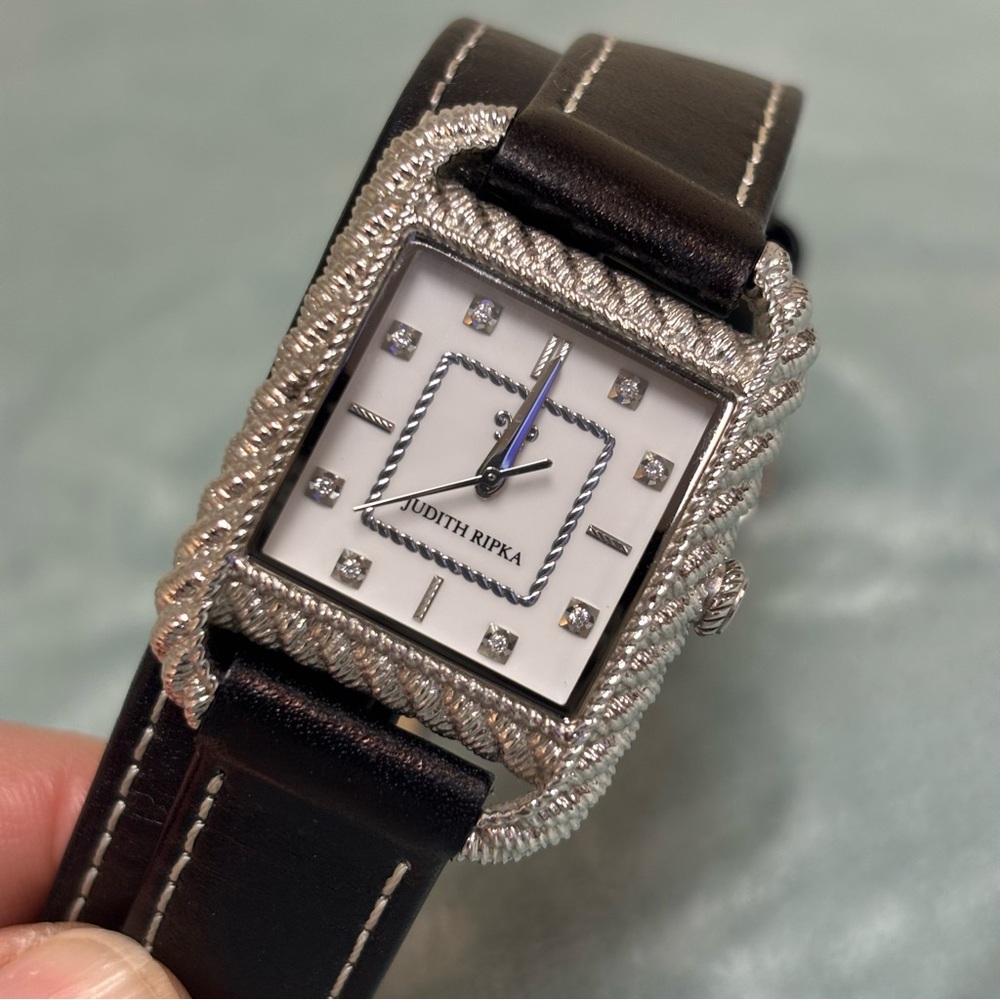 Judith Ripka Silvertone Stainless Steel & Black Leather Strap Wrap Watch - Picture 2 of 11